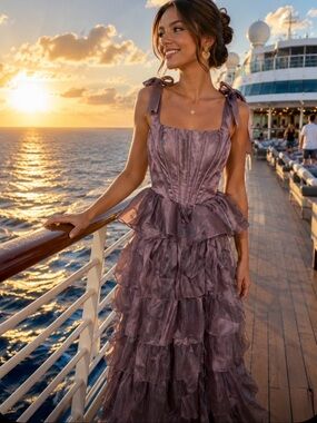 Elegant Lavender Tiered Ruffle Evening Dress with Tie Straps